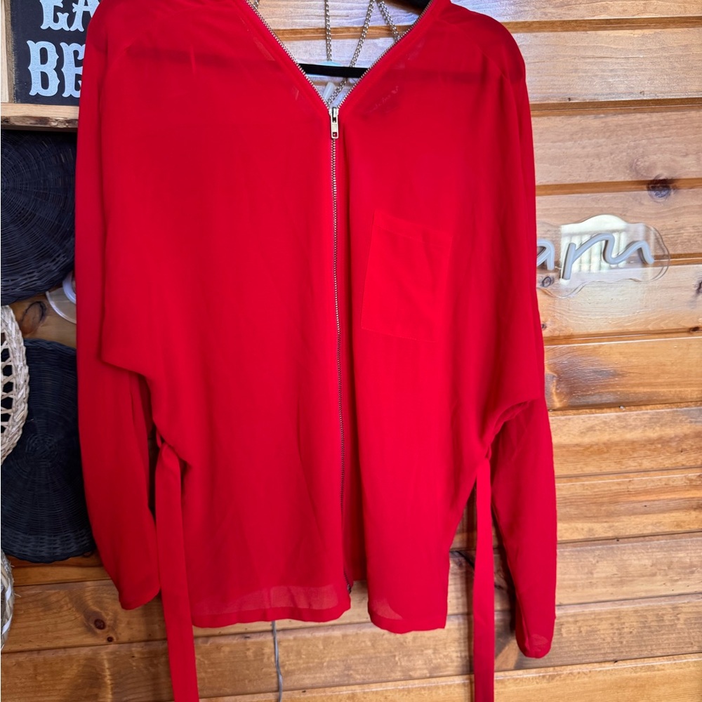 Vibrant Red Zip-Up Blouse